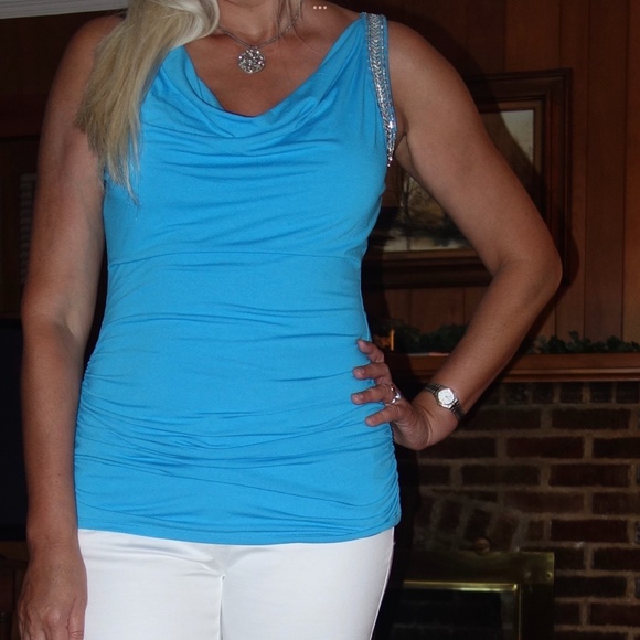 White‎ House Black Market Top Blue Silver Bead Drape Ruched Tunic,s. M - Picture 6 of 7